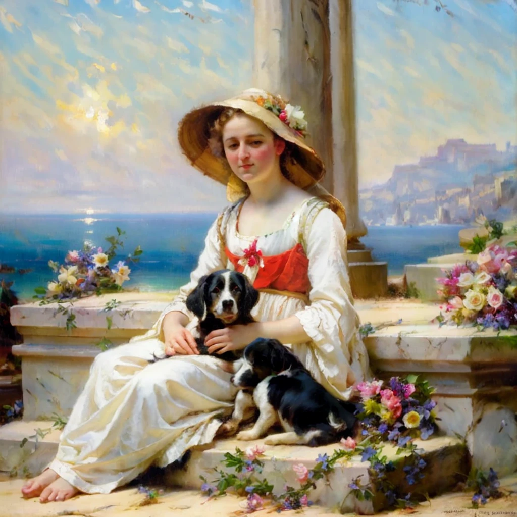 oil on canvas, a young beautiful woman with resemblance to Mckenna Grace, white medieval outfit, has a little dog, She is lying on some stone steps in front of a column decorated with flowers, in the background a quiet beach, Hoar, looking to the camera, natural lighting, style of william-adolphe bouguereau