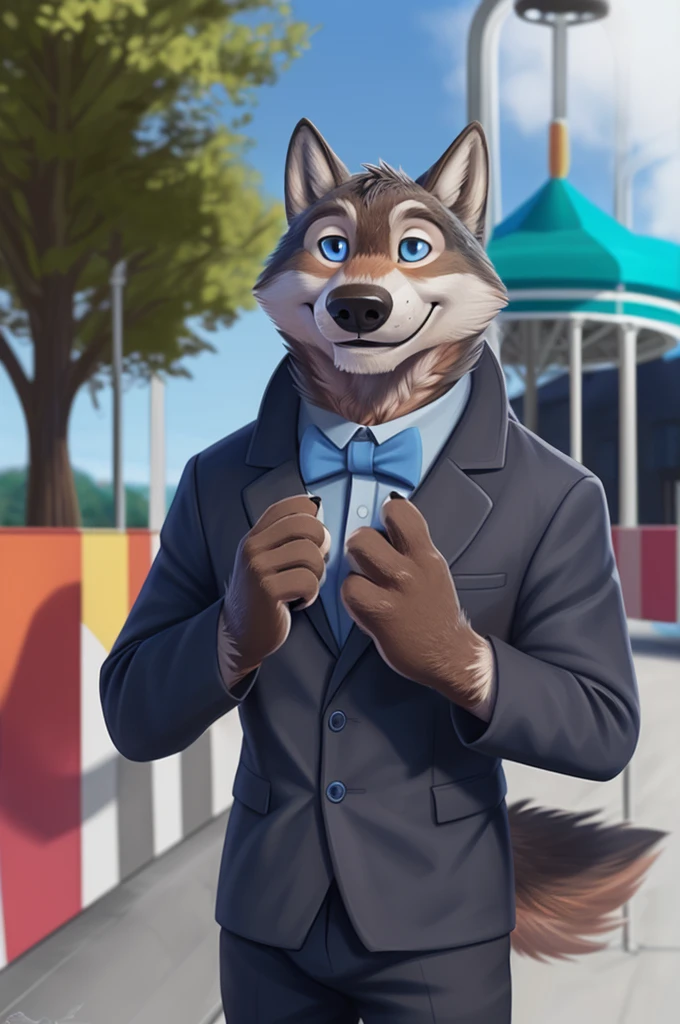 Larry (Zveropolis), wolf, Gray Fur, (brown body:1.3), beautiful blue eyes, Zveropolis, dressed,blazer,shirt bow tie,trousers, canine,wolf, detailed fur, male, second, paw pads, finger claws, viewer, 5 fingers, paws, 4 toes,holds, times, close to the camera, Amusement park, 
BREAK from nextel, for dating, by xenoforge, (difficult, high detail,digital photography, soft focus, RAW, close to the camera, smile, positive, Good, mood, Houses, смотрит на viewer, очень close to the camera, goes on a date, 
Photorealism, realistic, photorealistic,digital style, Subsurface scattering,очень close to the camera кольцо на пальце руки,father of his daughter, 
masterpiece, Best quality, ultra realistic, 8 thousand.)
