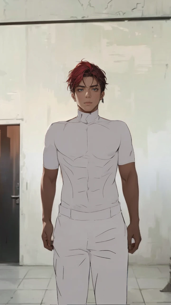 (masterpiece, best quality, highres, ultra-detailed), 1man, male focus, white hair, white shirt, full white eyes, handsome, detailed eyes and face, male body, earrings, ear piercing, unbuttoned black blazer, red shirt, trousers, bare collarbones, chain necklace, city slums background, by amano akira, full body, cigarette, cigarette , no expresion guy, masterpiece