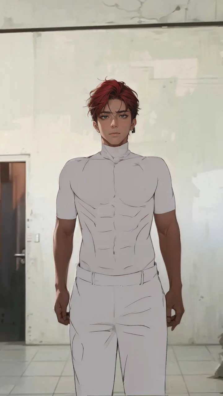 (masterpiece, best quality, highres, ultra-detailed), 1man, male focus, white hair, white shirt, full white eyes, handsome, detailed eyes and face, male body, earrings, ear piercing, unbuttoned black blazer, red shirt, trousers, bare collarbones, chain necklace, city slums background, by amano akira, full body, cigarette, cigarette , no expresion guy, masterpiece
