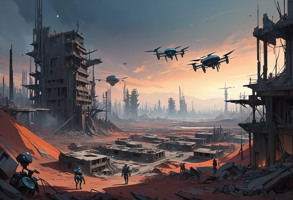 large minimalist landscape, futuristic atmosphere, dead world theme, polluted world, destroyed minimalist city with unfinished building structures, all constructions made of steel and iron, without vegetation, No Water, dark world, spectacular sky from another world, humanoid robots and drones roaming the environment. oil painting)