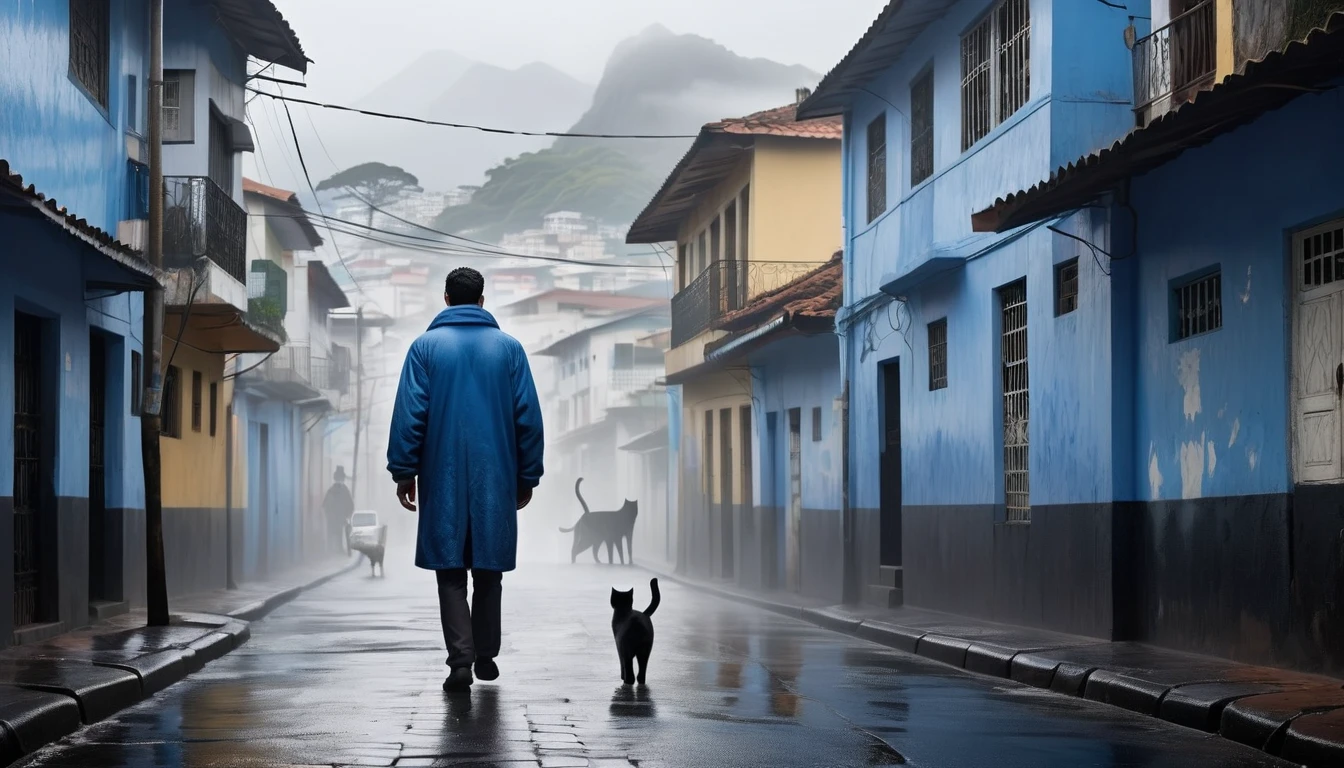 Create an afternoon scene on a dark street inspired by the streets of Rio de Janeiro. the street tiles are wet and fog hangs in the air. The street is deserted, only one man stands out in the landscape. A man wears blue warm clothes and black hair. A walking white cat on the wall of one of the houses. A wall with the image of a beautiful woman (the scene needs to have a noir atmosphere)