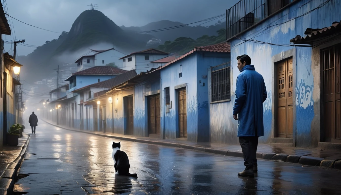 Create an afternoon scene on a dark street inspired by the streets of Rio de Janeiro. the street tiles are wet and fog hangs in the air. The street is deserted, only one man stands out in the landscape. A man wears blue warm clothes and black hair. A walking white cat on the wall of one of the houses. A wall with the image of a beautiful woman (the scene needs to have a noir atmosphere)