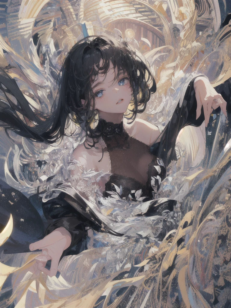 ((masterpiece, highest quality, Super detailed, High resolution)), alone, beautiful girl, shining eyes, perfect eyes, 15 years old, black white gold theme,