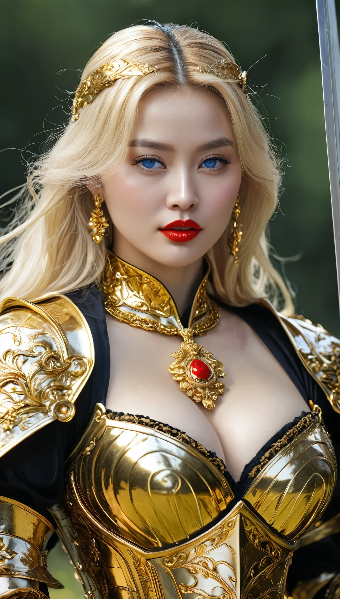masterpiece,Highest quality,wonderful,(womanの騎士_woman:1),(Golden Armor:1.3), (35歳のwoman騎士:1.3),、Big and ample breasts,,Hyper Real,中世ヨーロッパの都市のbattlefieldにいる,Expressionless,、イギリス人woman、Delicate skin texture to the smallest detail 、(Detailed blue eyes)、(Chubby body type))、(Very large breasts)、中年woman、(ふわふわblondeの長い髪)、Sunburned skin、(blonde)、(((Very large breasts)))、woman騎士、(((Big cleavage)))、Richly decorated gold armor、Medieval witch、Golden long boots with flashy decorations、Deep neckline、Pure gold and jewellery necklaces and collars、Big gold earrings、Bright red lips、Dressed in luxurious gold armor、Gold Long Gloves、She has a big long sword、The sword is ornately decorated..........................、The blade is pitch black、(woman騎士)、(battlefield)、