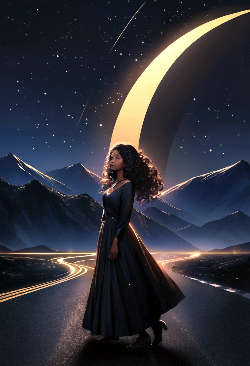 a black woman with curly hair on the road with realistic mountains look, night with stars and crescent moon, the following phrase highlighted in the image: