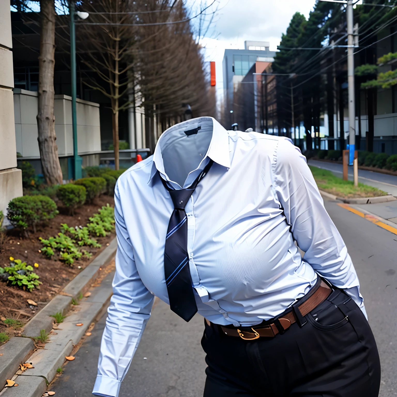 leaning forward, from back, school blouse, belt, black pants, stripe tie, fat, cute big breasts, (invisible, no human, headless, handless:1.5)