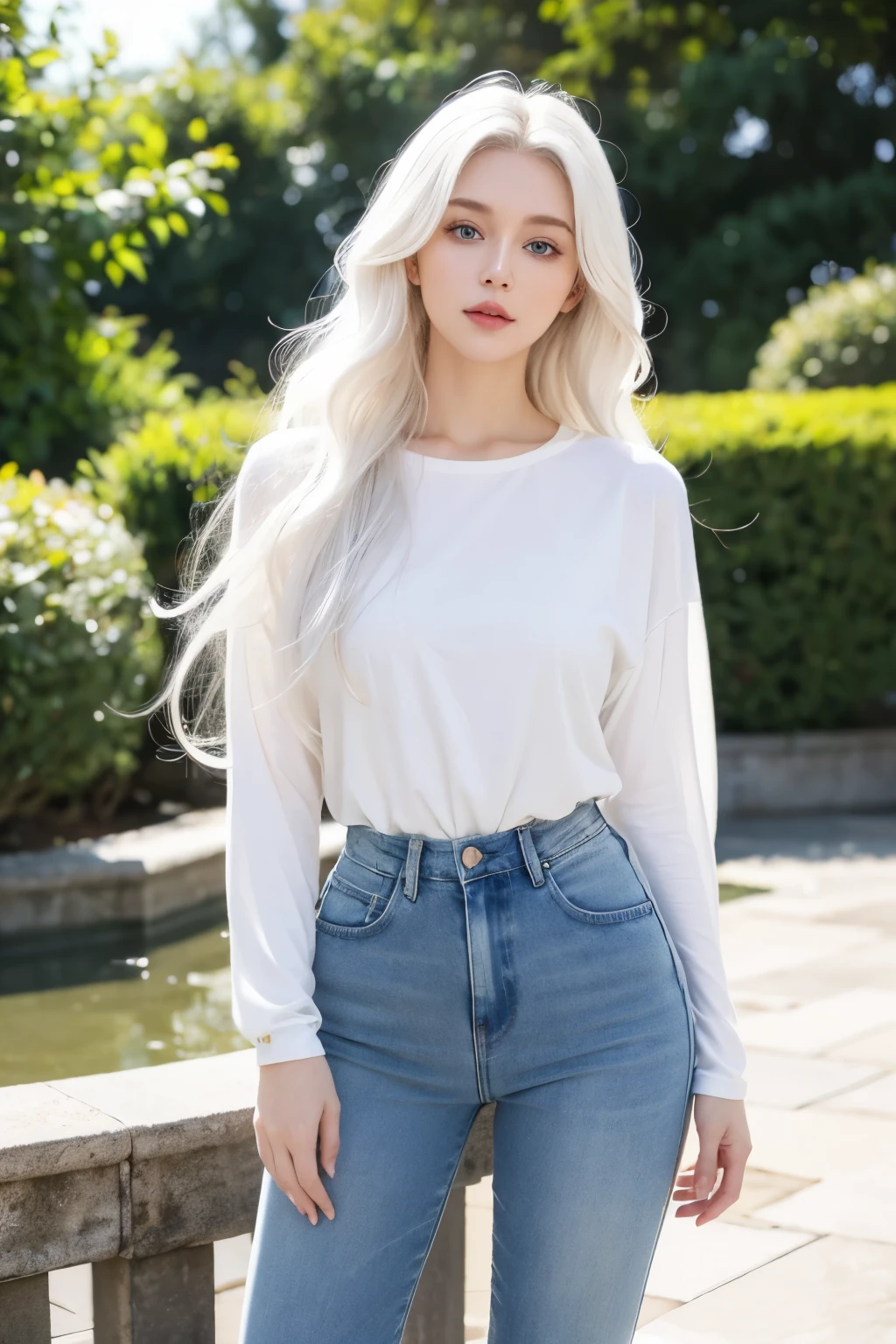 1 woman, White long curly hair,Natural and beautiful hair, clean and beautiful. White hair. Close lips. Blue natural eyes. Jeans.