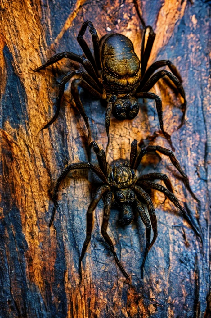 a giant alien spider with a scorpion tail crawling down a tree trunk in a moonlit forest, masterpiece, best, photo realistic