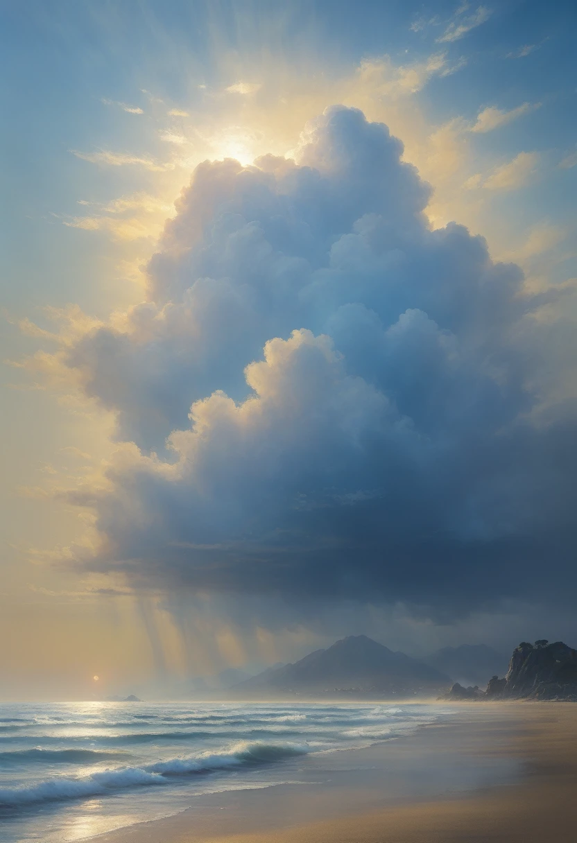 cloud,龍の形をしたcloud,Illuminated by the light of the setting sun ,Background sea,Foggy atmosphere,On-air lighting,薄いcloud,Smooth lines,Light blue and white shades,A serene and majestic sight,Amazing details,Artistic interpretation,Painting Style,masterpiece:1.2