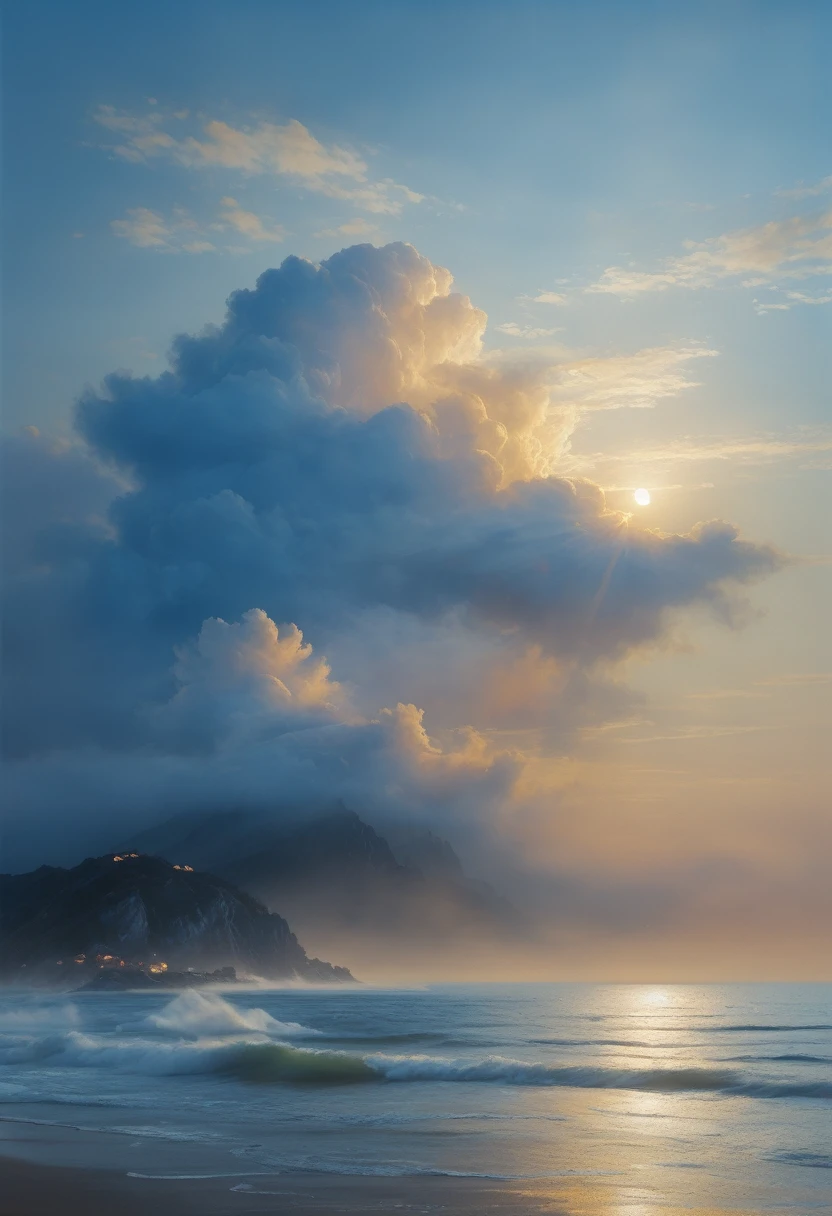 cloud,龍の形をしたcloud,Illuminated by the light of the setting sun ,Background sea,Foggy atmosphere,On-air lighting,薄いcloud,Smooth lines,Light blue and white shades,A serene and majestic sight,Amazing details,Artistic interpretation,Painting Style,masterpiece:1.2