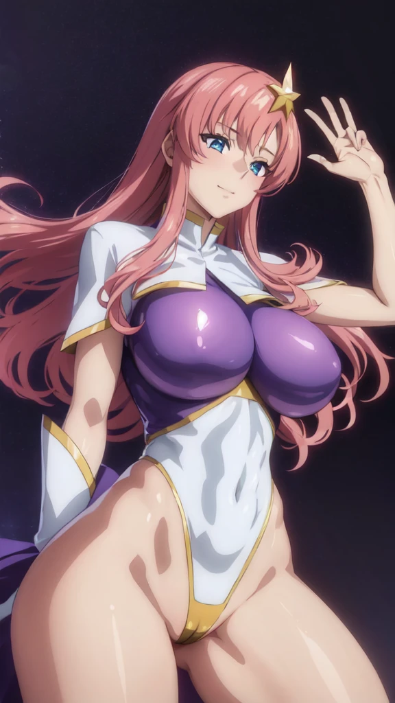 (masterpiece）、（Best image quality）、（Very detailed）、（Very detailed）、4K、（8K）、Best image quality、（beautiful）、
More about Campbell, 1 Girl, star hair ornaments, hair ornaments, Pink Hair, Long Hair, gloves, Leotard Purple Leotard, White leotard, A tight leotard、Huge breasts、Thick thighs、,A light smile､Dynamic pose､gravure､Dynamic Angle、Noise Reduction､Emphasis on the ､ Augmentation