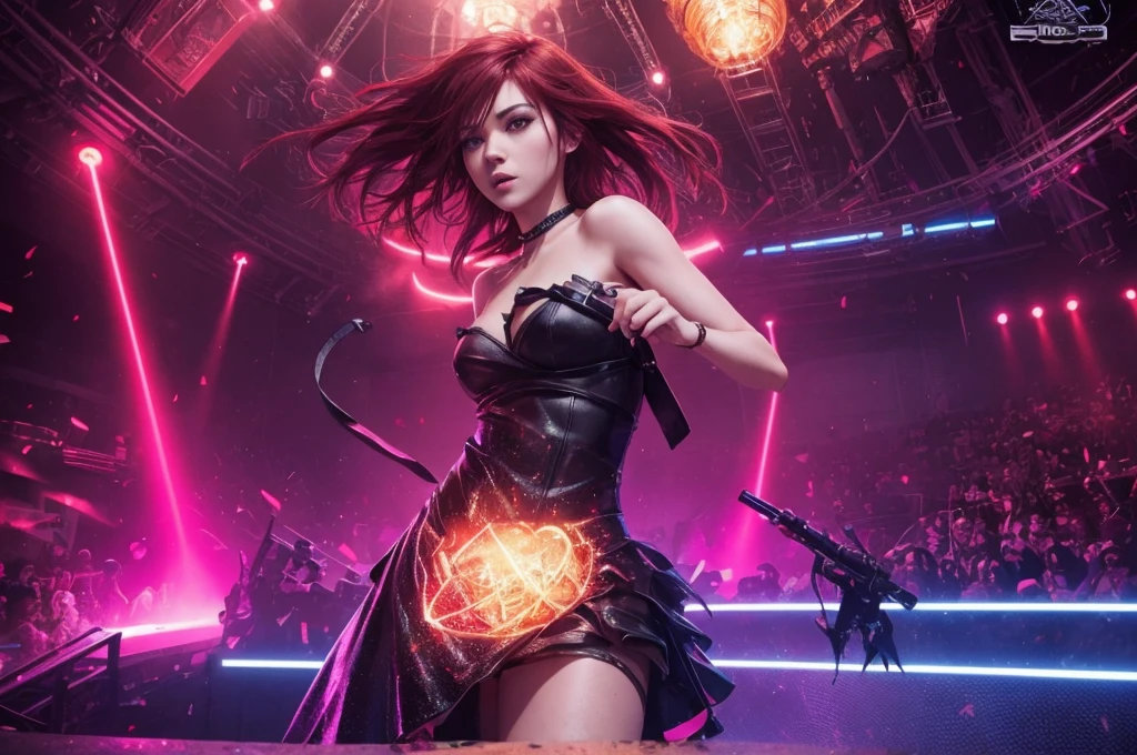 splash art, riot games, original art, 1 women, 4k, singing, ((low pov)), low shot, low angle, ((dynamic angle)), ((visual effect)), ultra realistic, ((dark)),  dark environment with neon lighting, neon, big stadium concert venue, singer, rockstar, concert, beautiful lighting effect, sexy, (((seductive))), speed movement, magic, ultra detailed, red medium hair, sexy black dress, strapless tube top dress, beutiful pose, cinematic, action.