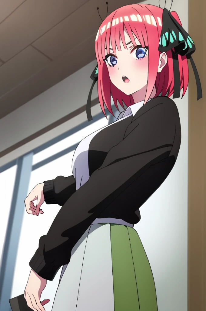 ((best quality)),((highly detailed)),masterpiece,absurdres,detailed face,beautiful face,(detailed eyes, deep eyes),1girl,((dynamic pose)) , Nino, pink hair, blue eyes, butterfly hair ornament, black ribbon, skirt, hair ornament, shirt, bangs, ribbon, green skirt, white shirt, black cardigan, cardigan, open clothes, open cardigan, blunt bangs, hair ribbon, , holding, breasts, pleated skirt, open mouth, v-shaped eyebrows, short hair, twintails, collared shirt, indoors, medium hair, blush, solo, eyebrows hidden by hair, long sleeves, :o, two side up, large breasts, dress shirt, shiny hair, standing, shiny, looking at viewer, medium breasts
