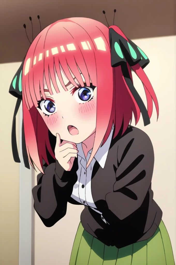 ((best quality)),((highly detailed)),masterpiece,absurdres,detailed face,beautiful face,(detailed eyes, deep eyes),1girl,((dynamic pose)) ,  Nino, pink hair, blue eyes, butterfly hair ornament, black ribbon, skirt, hair ornament, shirt, bangs, ribbon, green skirt, white shirt, black cardigan, cardigan, open clothes, open cardigan, blunt bangs, hair ribbon, , holding, breasts, pleated skirt, open mouth, v-shaped eyebrows, short hair, twintails, collared shirt, indoors, medium hair, blush, solo, eyebrows hidden by hair, long sleeves, :o, two side up, large breasts, dress shirt, shiny hair, standing, shiny, looking at viewer, medium breasts