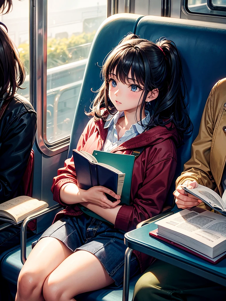 Highest quality,Highest Resolution,A student reading a book on the train,