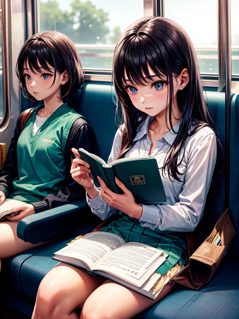 Highest quality,Highest Resolution,A student reading a book on the train,