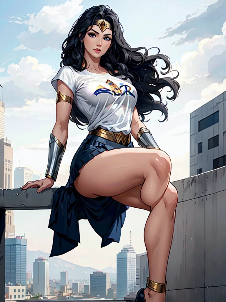 wonder woman, ((wearing a white Real Madrid tshirt)), (pretty face:1.2), (finely detailed face and beautiful eyes), mature female, muscle, bare hands, (armlet, blue armor skirt, bracer, head ring ), (black eyes, black long hair, messy hair, floating hair), ((white Real Madrid tshirt)), (long proportional legs), (best quality:1.1),(city background:1.2), dark_fantasy,, ((masterpiece)), 