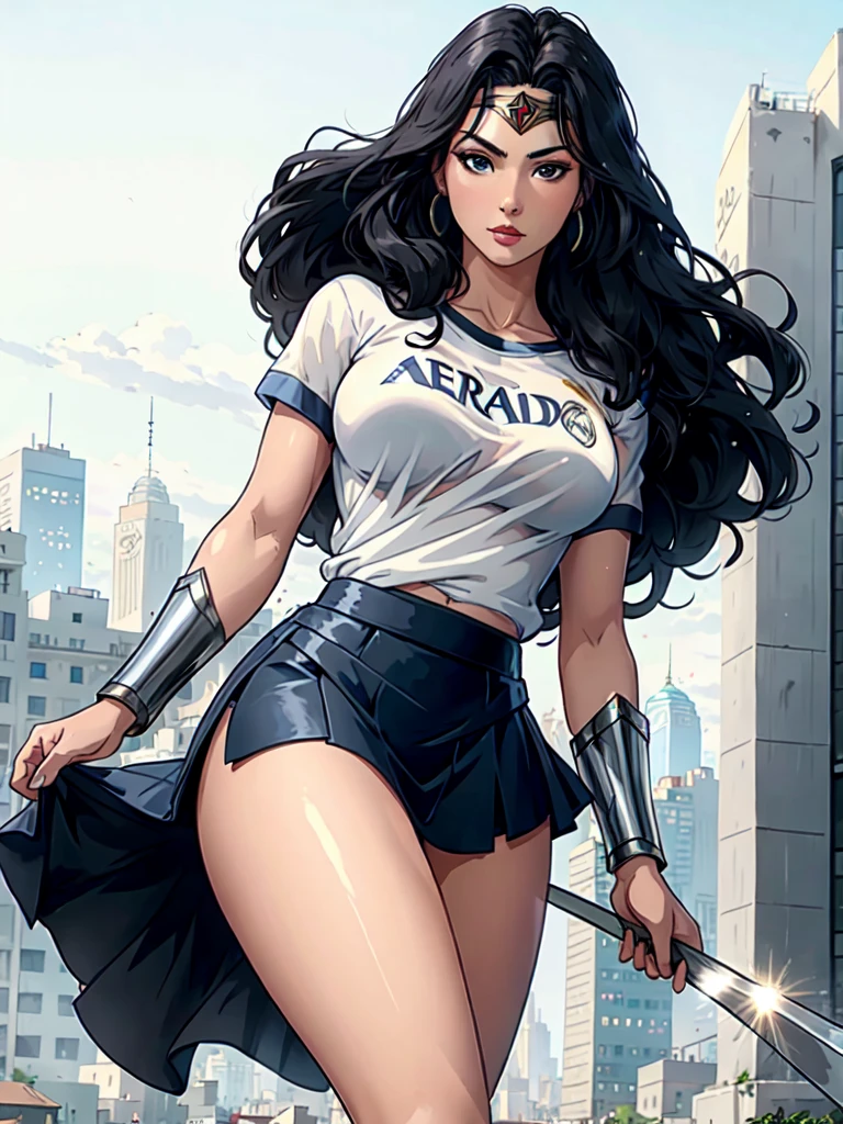 wonder woman, ((wearing a white Real Madrid tshirt)), (pretty face:1.2), (finely detailed face and beautiful eyes), mature female, muscle, bare hands, (armlet, blue armor skirt, bracer, head ring ), (black eyes, black long hair, messy hair, floating hair), ((white Real Madrid tshirt)), (long proportional legs), (best quality:1.1),(city background:1.2), dark_fantasy,, ((masterpiece)),