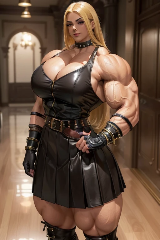 (((Massive tall, beautiful, buff, light brown skinned muscular woman with yellow hair, black lipstick, ginormous bulky muscles and wearing a beautiful leather unbuttoned blouse with a beautiful black long pleated skirt))), (close view), massive muscles, massive biceps, hyper muscle shoulders, massive muscle arms, vascular shoulders, hyper muscle triceps, (flowing long hair), (beautiful unbuttoned leather blouse), gray eyes, studded gauntlets, gloves, choker, (beautiful black long pleated skirt with a belt), shoes with socks, (in a beautiful hallway), closed smile, morning, hyper vascular arm, hyper muscles arms, hyper muscle legs, massive arms