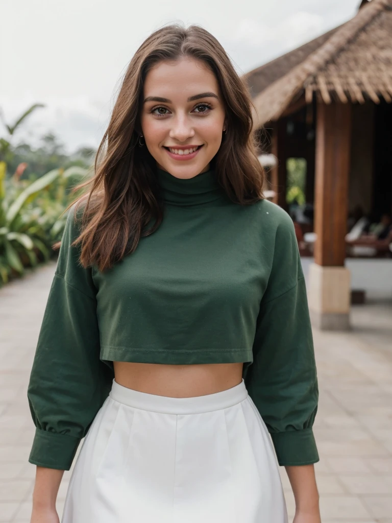 a young beautiful woman with light brown hair and green eyes in bali, lifestyle photography, smiling, fashionable influencer, (best quality,4k,8k,highres,masterpiece:1.2),ultra-detailed,(realistic,photorealistic,photo-realistic:1.37),HDR,UHD,studio lighting,vivid colors,bokeh,portrait,fashion,lifestyle,influencer