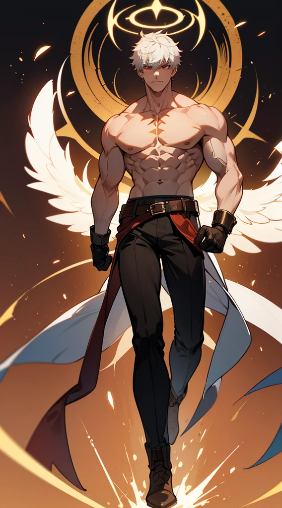 Character sheet, full body, various angles, character design, angel transformation, demon transformation and human transformation, from below, anime style, 4K, high quality, handsome man, white hair, very short hair, ((cut to crew cut: 1)), red eyes, fair skin, ((muscular: 1)), man, 28 years old, muscular, in good shape, muscular, barbarian race, many muscles, warrior, giant man. no shirt, gold details, brown leather shawl, loose gray pants, black and brown belts, black boots, brown gloves, many belts, red halo, halo behind the head, horns on the head, angel transformation, demonic transformation, three transformations , elemental power of light, elemental power of shadow, a seraphim of chaos, power of death, power of life.