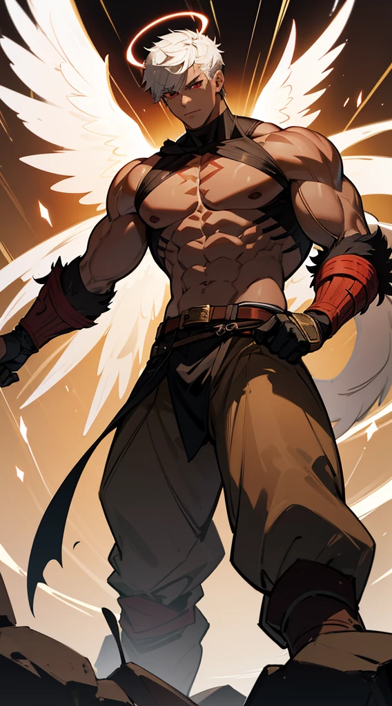 Character sheet, full body, various angles, character design, angel transformation, demon transformation and human transformation, from below, anime style, 4K, high quality, handsome man, white hair, very short hair, ((cut to crew cut: 1)), red eyes, fair skin, ((muscular: 1)), man, 28 years old, muscular, in good shape, muscular, barbarian race, many muscles, warrior, giant man. no shirt, gold details, brown leather shawl, loose gray pants, black and brown belts, black boots, brown gloves, many belts, red halo, halo behind the head, horns on the head, angel transformation, demonic transformation, three transformations , elemental power of light, elemental power of shadow, a seraphim of chaos, power of death, power of life.