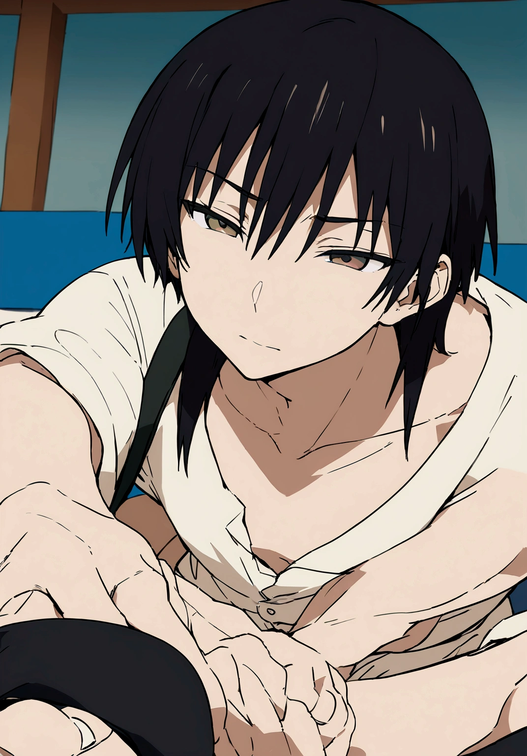 Masterpiece, High quality, High quality of art, best quality, anime lineart, 1man, fluffy brown hair, gray-green-brown eyes, Skinny, white Hawaiian shirt, light lime t-shirt, white shorts, dark green slippers, black shoulder bag