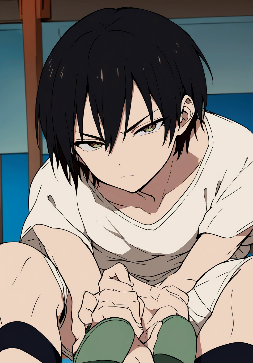Masterpiece, High quality, High quality of art, best quality, anime lineart, 1man, fluffy brown hair, gray-green-brown eyes, Skinny, white Hawaiian shirt, light lime t-shirt, white shorts, dark green slippers, black shoulder bag