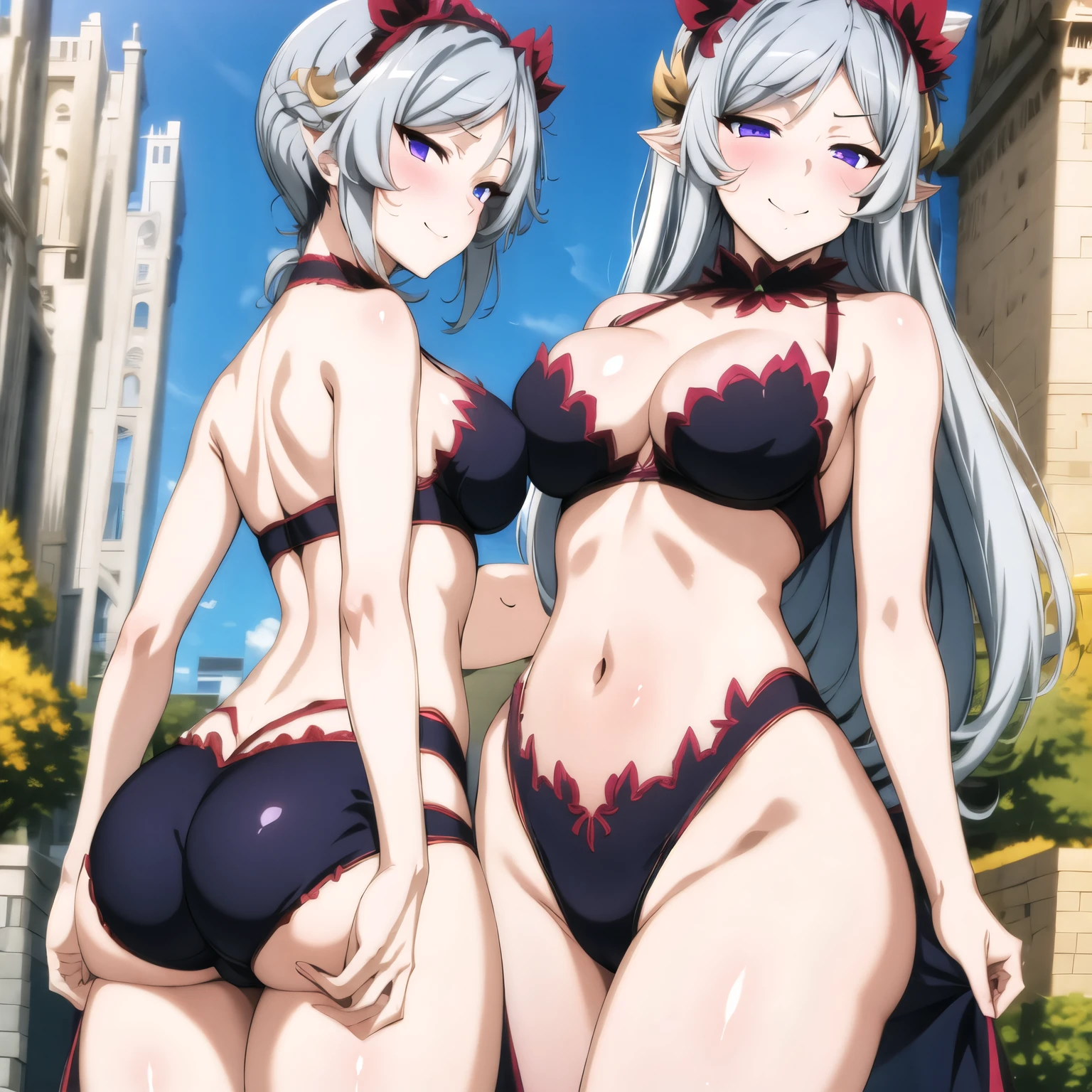 (masterpiece, best quality:1.2), 1girl, solo, female, silver hair, long hair, Violet eyes, 170 cm, 5'7", freya from danmachi, silver hair, hair ornament, swept bangs, choker, bare shoulders, cleavage, medium breasts, navel, mature female, rounded breasts, freya, seductive smile, standing, vivid colors, vivid, perfect face, perfect eyes, shining breasts, close the camera, ass, from behind, ass, behind, ass support, lingerie, black lingerie, black panties, black bra, bra, panties