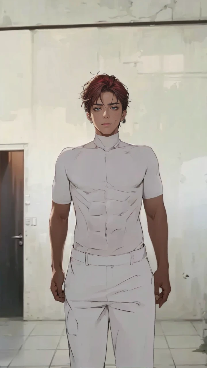 (masterpiece, best quality, highres, ultra-detailed), 1man, male focus, white hair, white shirt, full white eyes, handsome, detailed eyes and face, male body, earrings, ear piercing,  unbuttoned black blazer, red shirt, trousers, bare collarbones, chain necklace, city slums background, by amano akira, full body, cigarette, cigarette , no expresion guy, masterpiece