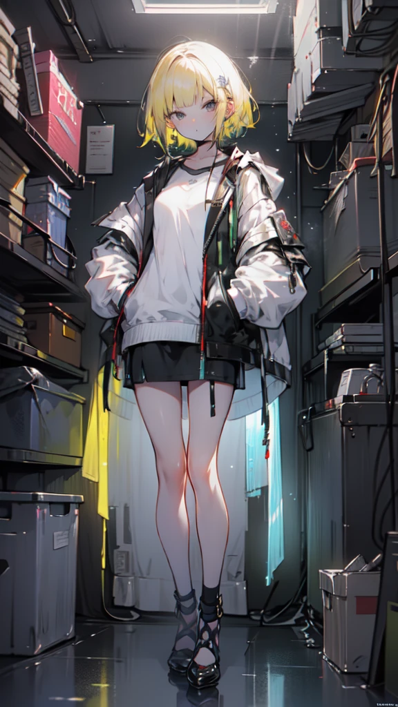 1 girl, short yellow hair, cyberpunk, Alice in Wonderland, black high heels, hand in pocket, best quality, 4k, 8k, highres, masterpiece:1.2, ultra-detailed, realistic, photorealistic, photo-realistic:1.37, HDR, UHD, studio lighting, ultra-fine painting, sharp focus, physically-based rendering, extreme detail description, professional, vivid colors, bokeh, concept art