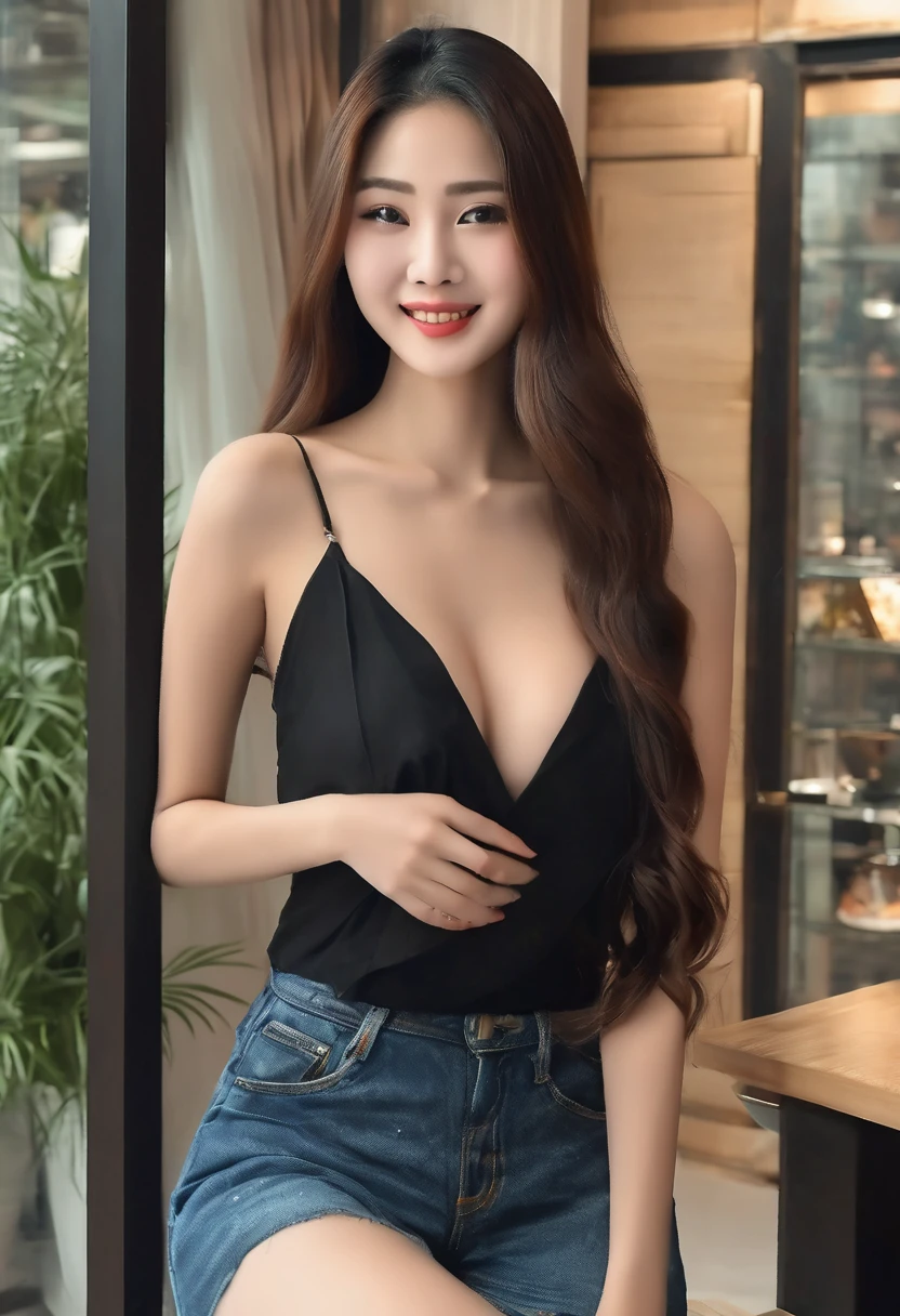 Beautiful asian woman, long hair, big breasts  ultra realistic, perfect face, long hair, full body photo, sexy smile, standing pose, cafe, elegant pose,