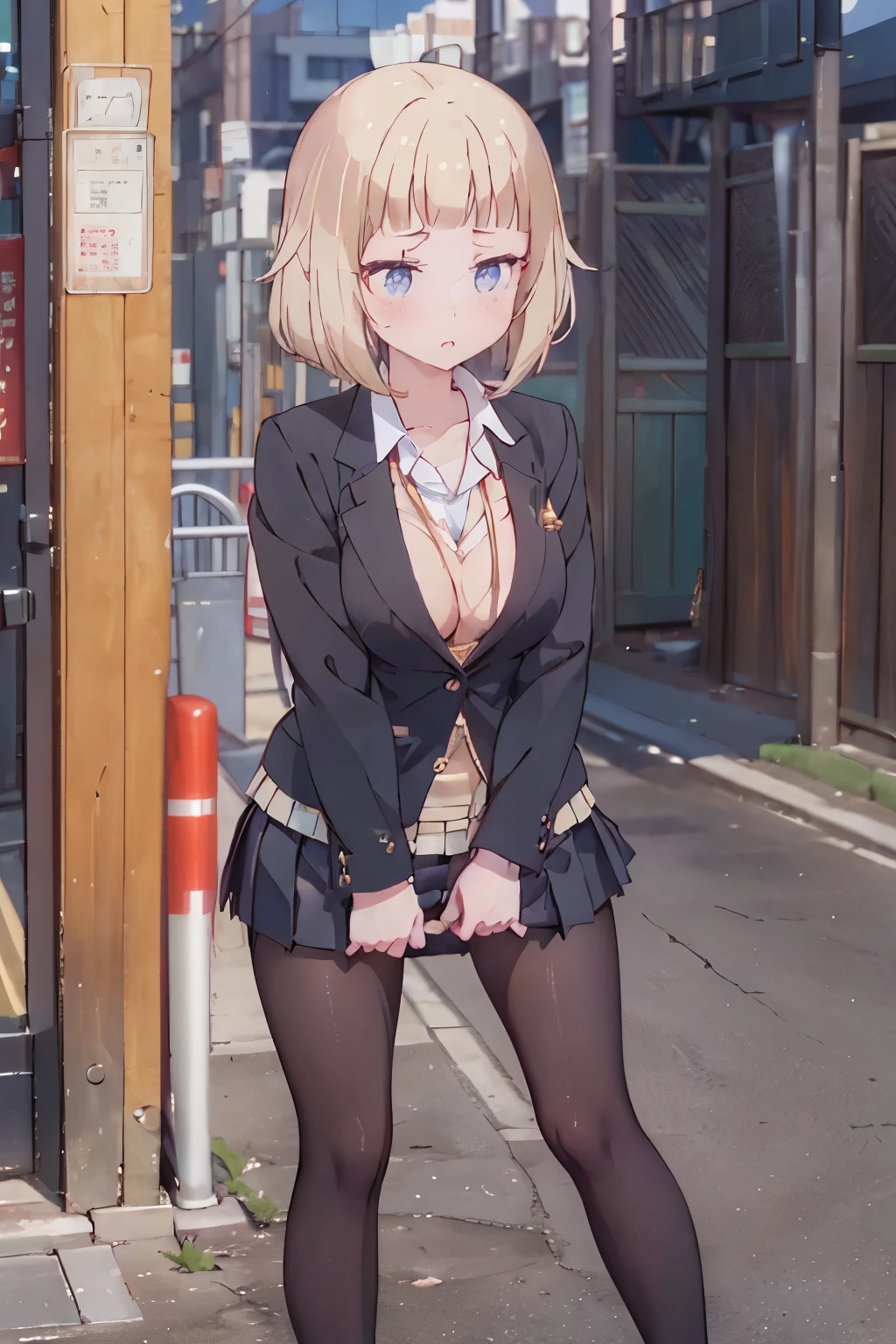 (8K、Highest quality、highest quality、masterpiece)、Detailed face、One girl、on the train、Touch the door with both hands、Press against chest、((ドアの窓ガラスにPress against chest1.4))、、short hair、、blunt bangs、Grey Eyes、、、((Blazer jacket uniform))、((Pleated skirt))、((No panties))、((bent over))、Back Alley Background、Very large breasts、Nipples are visible、、Black Pantyhose、Milk dripping from nippleilk spurting from the nipple、、Open your mouth、Troubled face、Love juice from the genitals、Full body portrait、Black Loafers、One man、Hearts in the eyes、Sex with a man、A man stands behind、Exposing the breasts、Bare your breasts、pussy