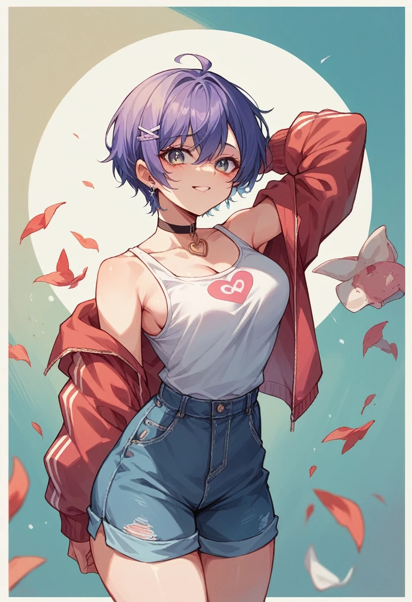 Anime style, 1women, Cowgirl position sex, seductive expression, bright red lips, sexy tattoo on hand, neck and lap brunette, black and blue multi colored hair, short hair , wavy hair, messy hair, curly hair, black eye liner, blue eye shadows makeup, beautiful detailed blue eye, white t-shirts, black short flowy line skirt, sexy neckline, large neckline, standing in a park