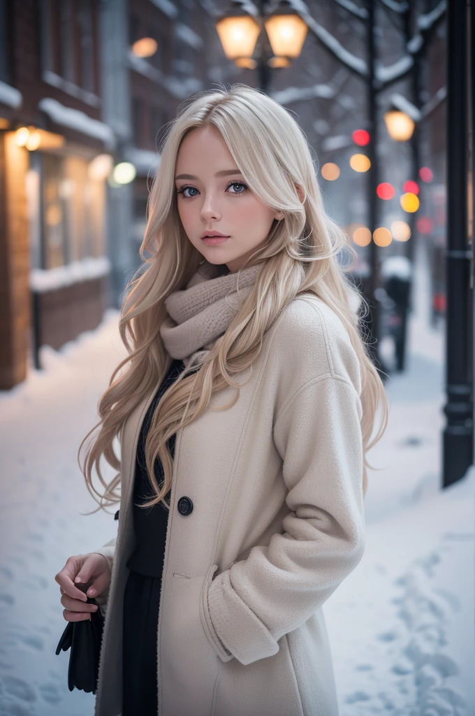 professional photography of a beautiful norwegian girl in winter clothes with long wavy blonde hair, sensual and seductive look, beautiful symmetrical face, beautiful natural makeup, wearing chic warm winter fashion clothing, ((standing outside on the snowy city street)), impressive modern urban environment, ultra realistic, conceptual artwork, chic, highy detailed, intricate, sharp focus, Depth of field, f/1. 8, 85 mm, medium shot, mid shot, (((professional color grading))), soft and bright diffused light, (Volumetric fog), Trends on Instagram, HD 4k, 8K