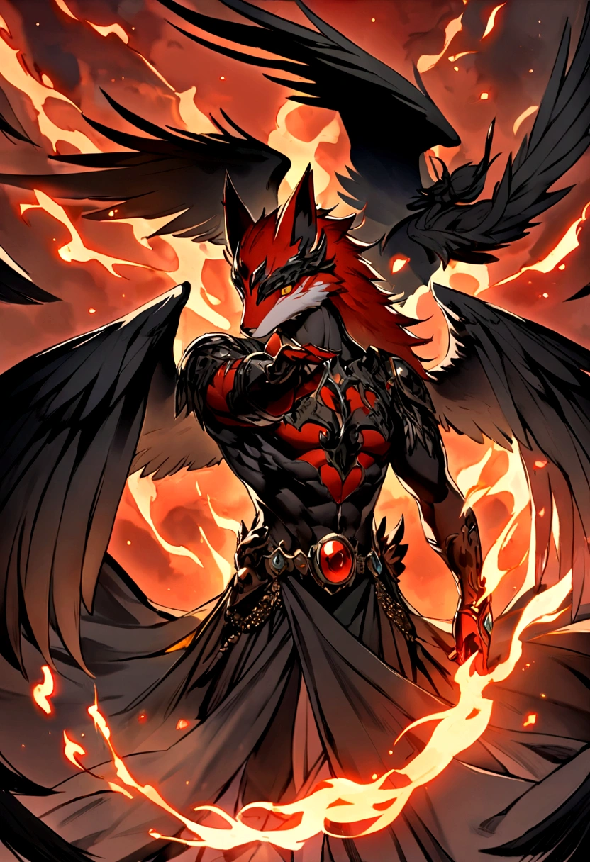 A male red fox with the power of a black angel with black wings who has the power of flaming green flames that burns to the soul