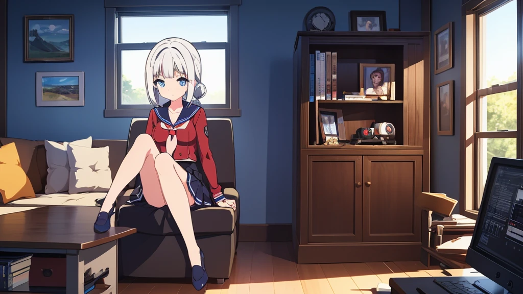 1 beautiful girl, great image quality with lots of detail, ray tracing, in a navy sailor , long stockings, blue eyes, white hair, , in a neon room, PC gaming, perfect anatomy, full body.