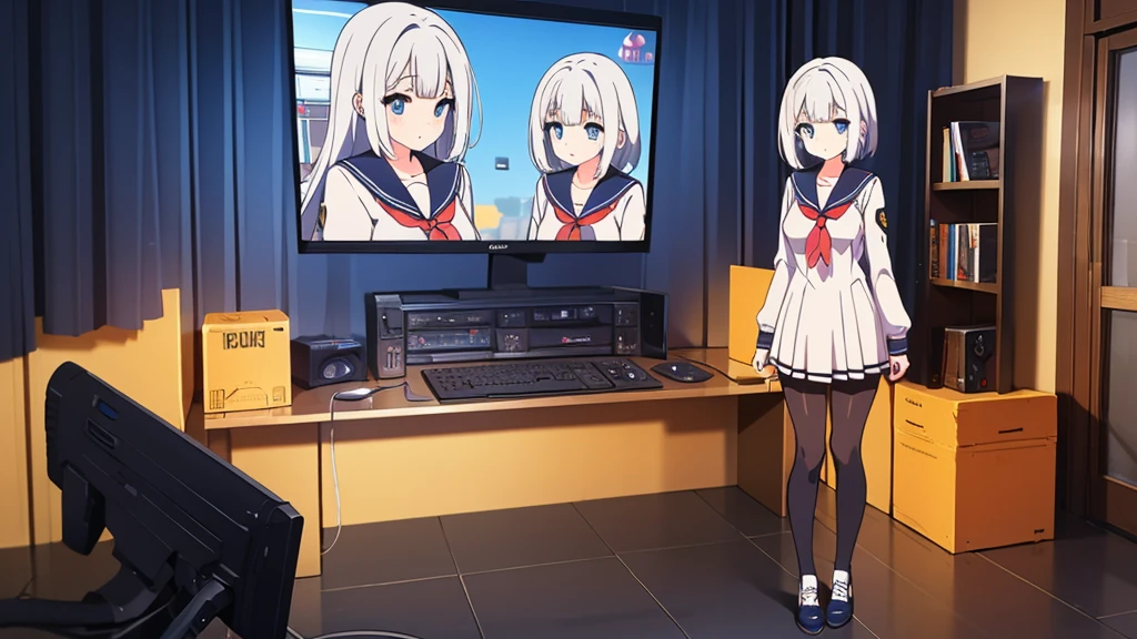 1 beautiful girl, great image quality with lots of detail, ray tracing, in a navy sailor , long stockings, blue eyes, white hair, , in a neon room, PC gaming, perfect anatomy, full body.