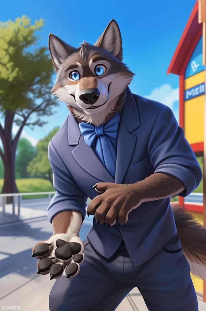 Larry (Zveropolis), wolf, Gray Fur, (brown body:1.3), beautiful blue eyes, Zveropolis, dressed,shirt bow tie,trousers, canine,wolf, detailed fur, male, second, paw pads, finger claws, viewer, 5 fingers, paws, 4 toes,holds, times, close to the camera, Amusement park, shirt, bow tie, 
BREAK from nextel, for dating, by xenoforge, (difficult, high detail,digital photography, soft focus, RAW, close to the camera, smile, positive, Good, mood, Houses, смотрит на viewer, очень close to the camera, goes on a date, 
Photorealism, realistic, photorealistic,digital style, Subsurface scattering,очень close to the camera кольцо на пальце руки,father of his daughter, 
masterpiece, Best quality, ultra realistic, 8 thousand.)