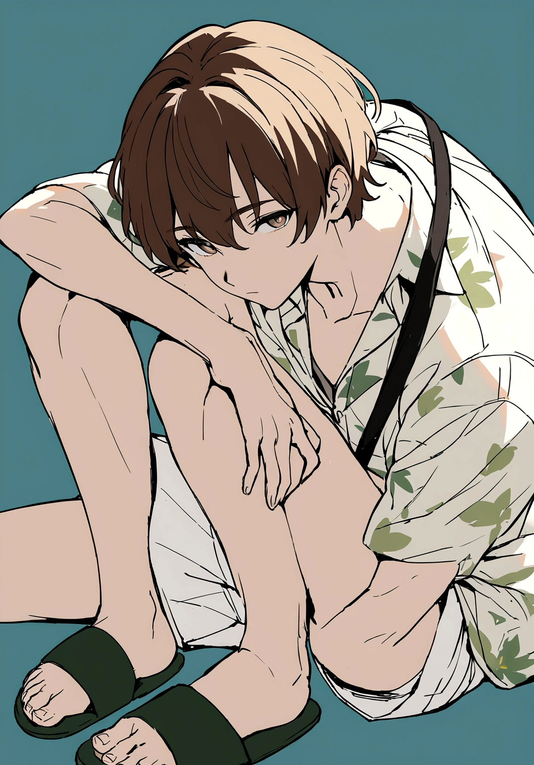 Masterpiece, High quality, High quality of art, best quality, anime lineart, 1man, fluffy brown hair, gray-green-brown eyes, Skinny, white Hawaiian shirt, light lime t-shirt, white shorts, dark green slippers, black shoulder bag