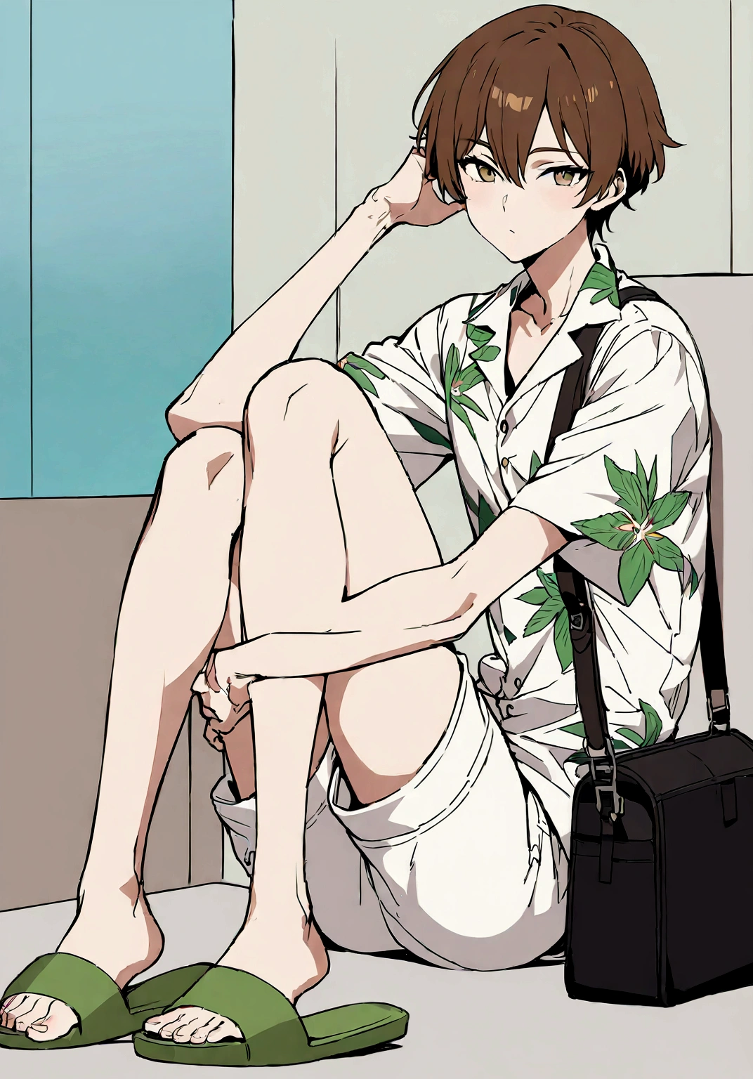 Masterpiece, High quality, High quality of art, best quality, anime lineart, 1man, fluffy brown hair, gray-green-brown eyes, Skinny, white Hawaiian shirt, light lime t-shirt, white shorts, dark green slippers, black shoulder bag