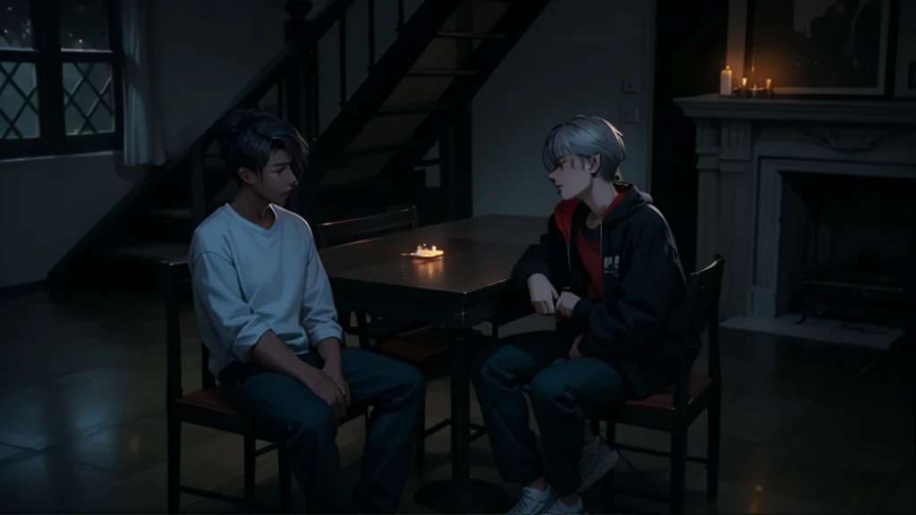 There are two 17-year-olds sitting in the dining room, they are somewhat uncomfortable talking, their hair is gray.