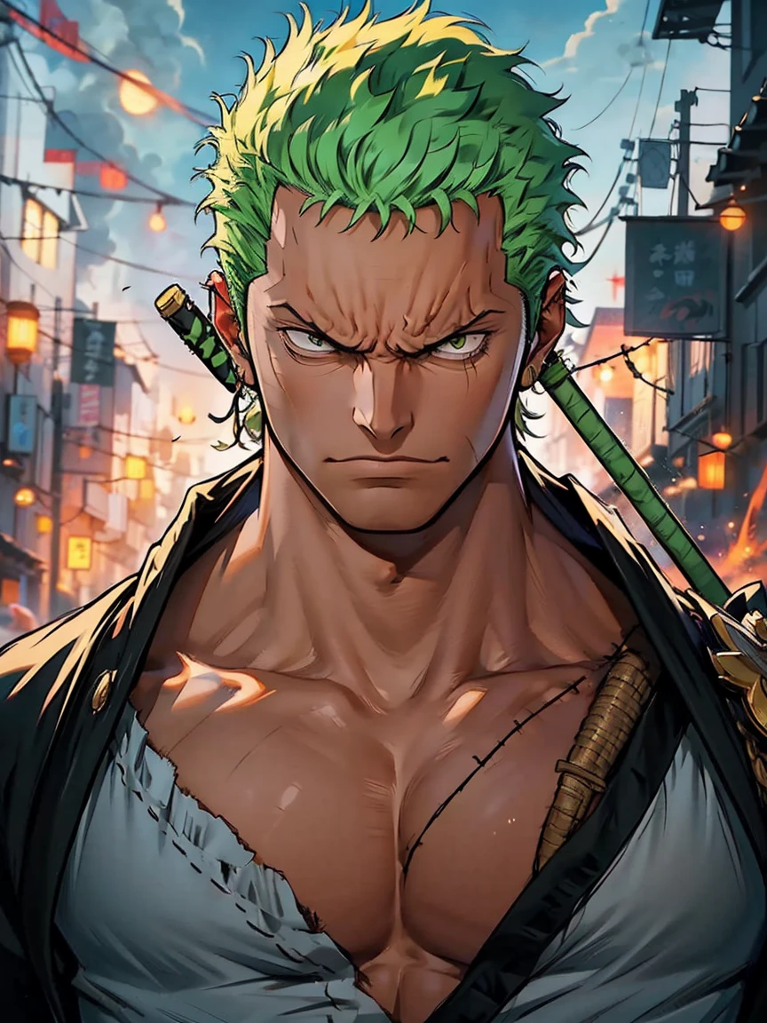 (masterpiece, best quality, Full HD), Illustration, portrait, tilted head, angry look, zoro roronoa