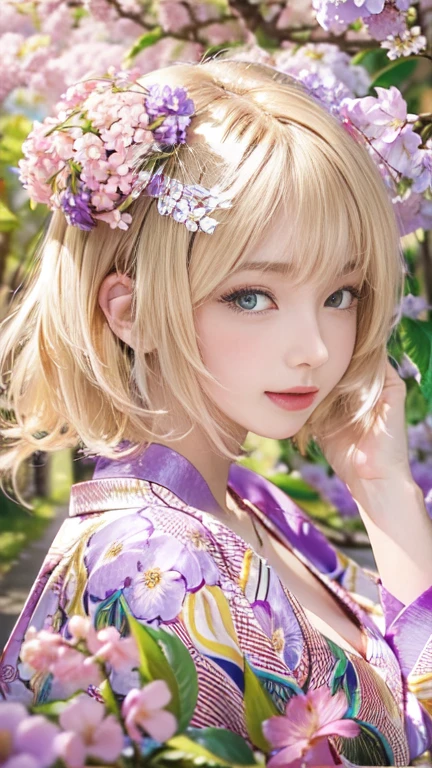 the same,
One Woman,
Golden Hair,
(Short Hair.05),Ashime,straight,
((Flower Hair Ornaments)),Purple Necklace,
Natural skin texture,Big ,Narrow waist,
Pink Lipstick,
kimono,Hydrangea pattern,
Urban area,Cherry tree,Summer Scenery,Outdoor,
Slightly larger breasts,expression(Puzzled),Resolute attitude,
Closed Mouth,blush,True Face,upright posture,Squint your eyes,
Natural depiction,
Beautiful depiction,
Shiny eyes,
Healthy Body,
Natural hairstyle,
Natural body contours,
Natural facial contours,
Five fingers,Two arms,Two legs,
Sharp eyelid depiction,
Keep the subject in the center,Expand the upper body,
Beautiful image quality,Delicate shades,4K,Very detailed,Delicate light adjustment,Delicate contour drawing,