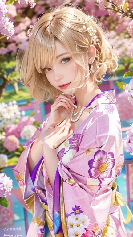 the same,
One Woman,
Golden Hair,
(Short Hair.05),Ashime,straight,
((Flower Hair Ornaments)),Purple Necklace,
Natural skin texture,Big ,Narrow waist,
Pink Lipstick,
kimono,Hydrangea pattern,
Urban area,Cherry tree,Summer Scenery,Outdoor,
Slightly larger breasts,expression(Puzzled),Resolute attitude,
Closed Mouth,blush,True Face,upright posture,Squint your eyes,
Natural depiction,
Beautiful depiction,
Shiny eyes,
Healthy Body,
Natural hairstyle,
Natural body contours,
Natural facial contours,
Five fingers,Two arms,Two legs,
Sharp eyelid depiction,
Keep the subject in the center,Expand the upper body,
Beautiful image quality,Delicate shades,4K,Very detailed,Delicate light adjustment,Delicate contour drawing,