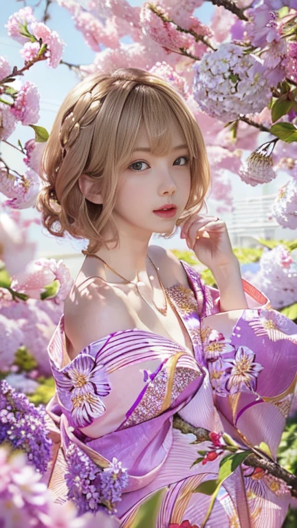the same,
One Woman,
Golden Hair,
(Short Hair.05),Ashime,straight,
((Flower Hair Ornaments)),Purple Necklace,
Natural skin texture,Big ,Narrow waist,
Pink Lipstick,
kimono,Hydrangea pattern,
Urban area,Cherry tree,Summer Scenery,Outdoor,
Slightly larger breasts,expression(Puzzled),Resolute attitude,
Closed Mouth,blush,True Face,upright posture,Squint your eyes,
Natural depiction,
Beautiful depiction,
Shiny eyes,
Healthy Body,
Natural hairstyle,
Natural body contours,
Natural facial contours,
Five fingers,Two arms,Two legs,
Sharp eyelid depiction,
Keep the subject in the center,Expand the upper body,
Beautiful image quality,Delicate shades,4K,Very detailed,Delicate light adjustment,Delicate contour drawing,