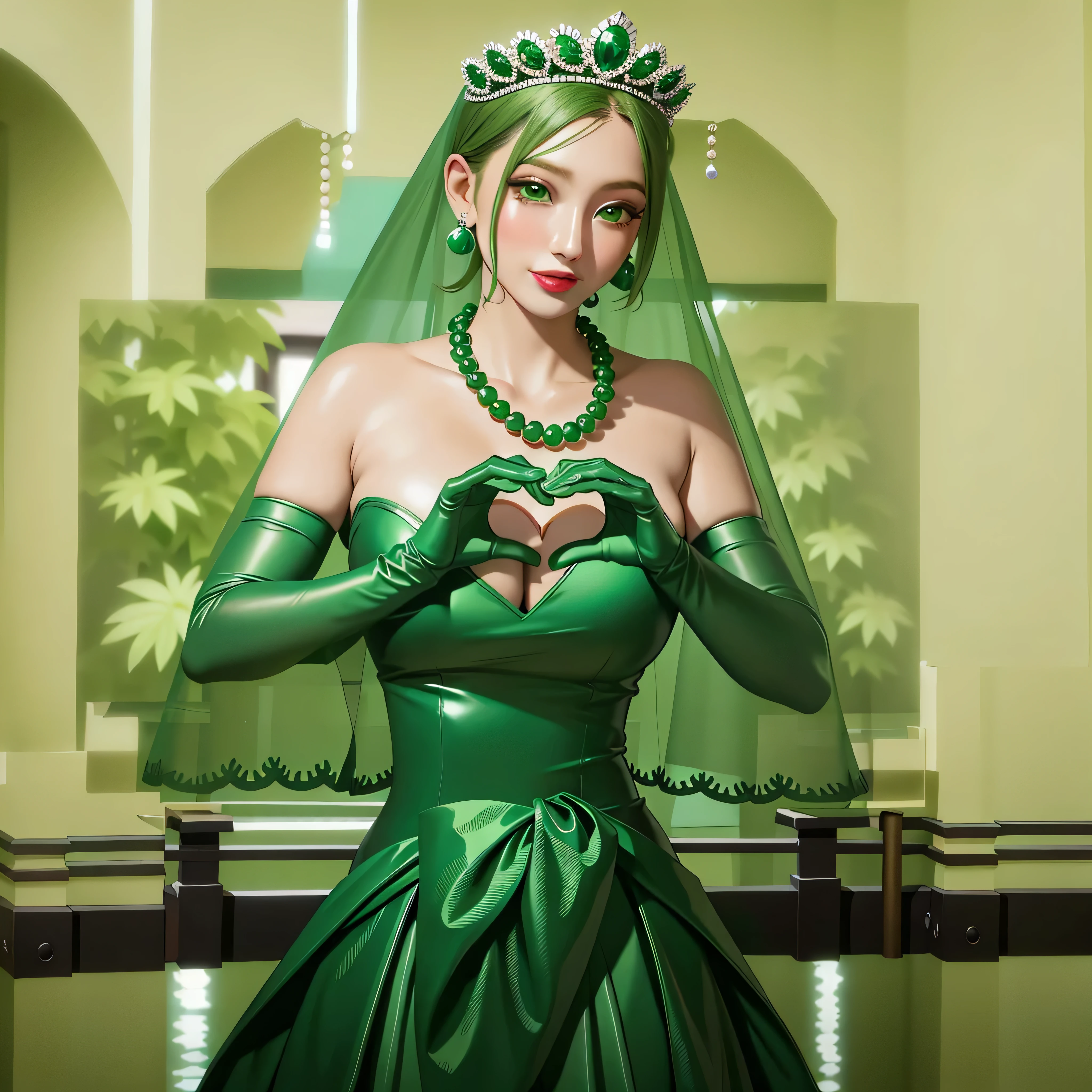 emerald tiara, Green Pearl Necklace, Boyish very short green hair, Green Lips, Smiling Japanese woman, Very short hair, Busty beautiful lady, Green Eyes, Green satin long gloves, Green Eyes, Emerald Earrings, Green veil, Heart with both hands, Green Hair, Beautiful Japanese Women, Heart shaped hands:1.3, green lip gloss