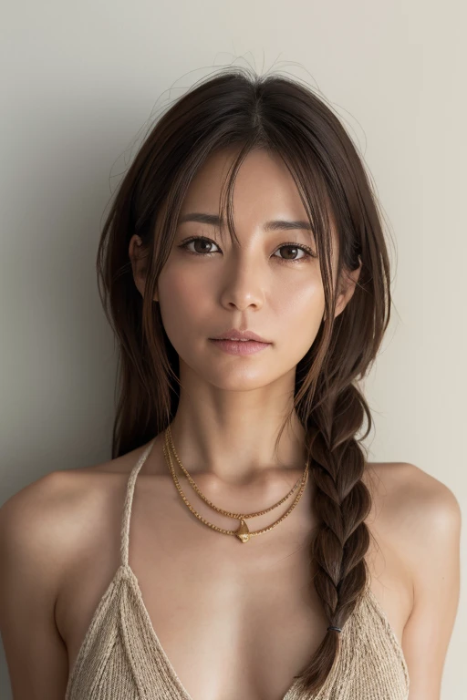 (Highly realistic photo, high resolution, detailed face, fine eyes), Photographed in front of a white wall, Japanese woman, 40 years old, Various facial expressions, Alone: 1, Slim body type, Different hairstyles, Completely naked, Photographed alone , bound with hemp rope, natural light photography, simple necklace, no looking at camera, profile, dark brown hair color, hemp rope bondage