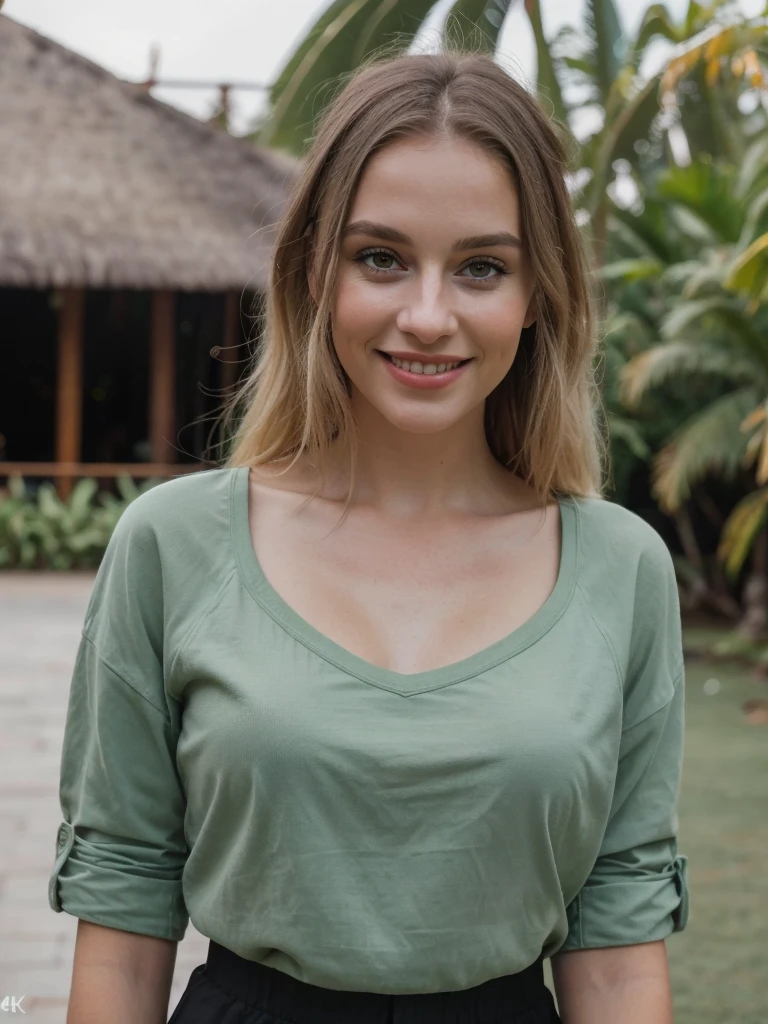 a young beautiful woman with dark blonde hair and green eyes in bali, lifestyle photography, smiling, fashionable influencer, (best quality,4k,8k,highres,masterpiece:1.2),ultra-detailed,(realistic,photorealistic,photo-realistic:1.37),HDR,UHD,studio lighting,vivid colors,bokeh,portrait,fashion,lifestyle,influencer